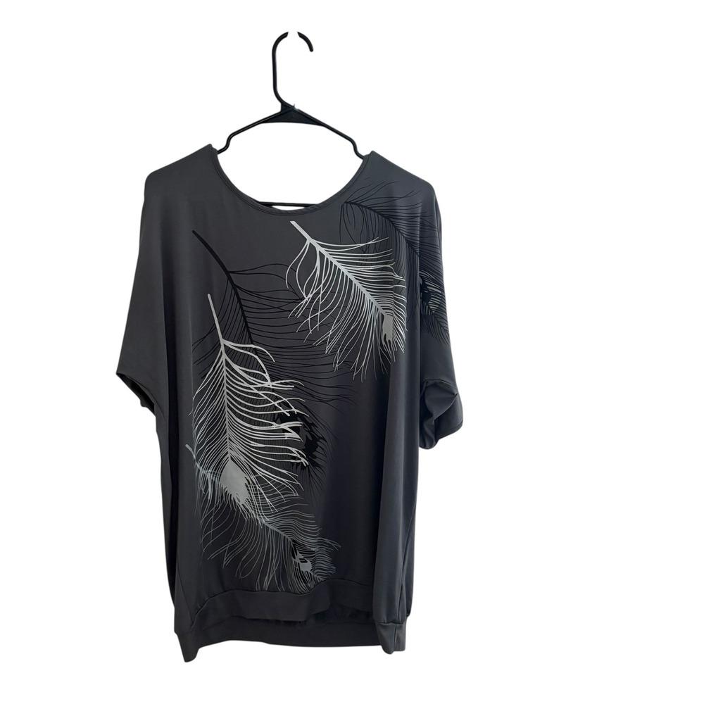 XXL Relipop‎ Women's Top Cold Shoulder Sleeves Feather Print Casual Shirt gray